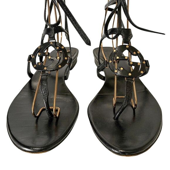 Gucci Interlocking G Black Leather Strappy Ankle Wrap Logo Thong Sandals Size 8B - Picture 4 of 11